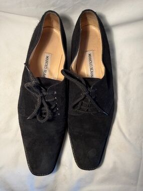 Vintage Manolo Blahnik Black Suede Oxford Lace-up Flats Size 39